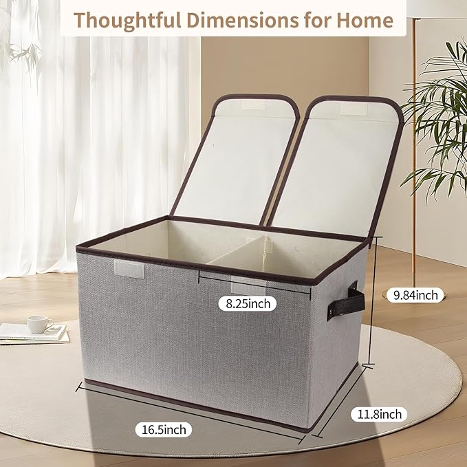 Foldable Fabric Storage Box, 16.5 x 11.8 x 9.8 inches (L x W x H), with Double-Lid & Dividers, Large Organizer for Home, Closet, Office(Grey, 3 Packs)
