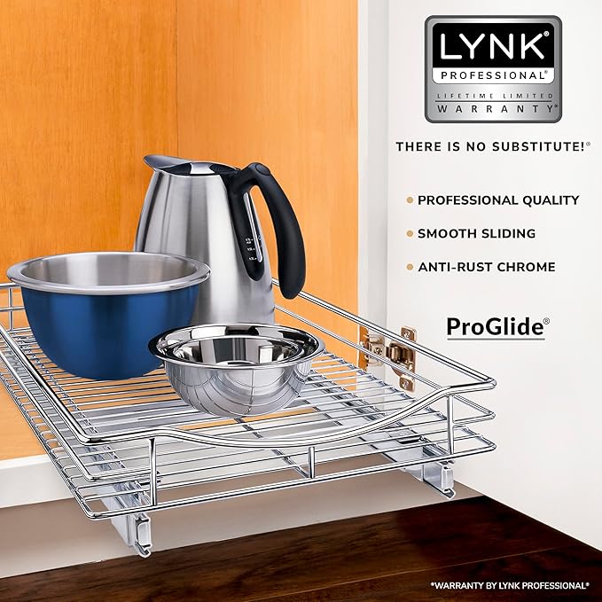 LYNK PROFESSIONAL® Pull Out Cabinet Organizer, 14" x 21" Slide Out Cabinet Organizer Pull Out Drawer – Pull Out Shelves for Kitchen Cabinets – Under Sink Organizers - Lifetime Ltd. Warranty, Chrome