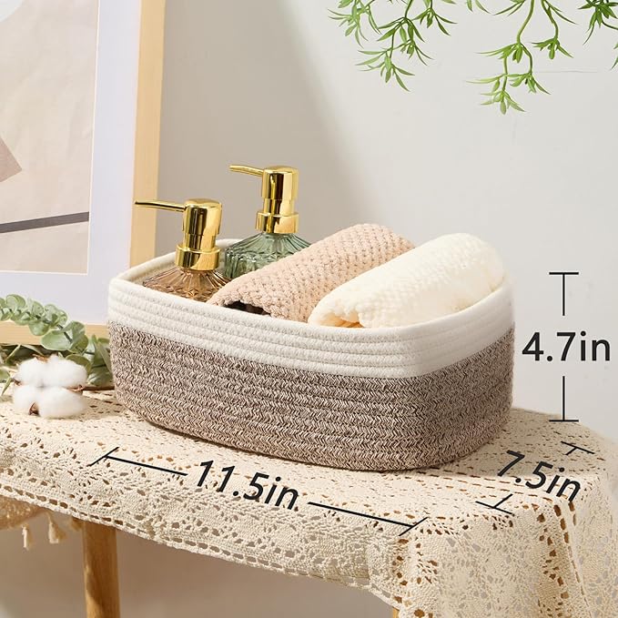MiniArk Small Storage Baskets for Organizing | Closet Organizer Bins | Shelf Toy Basket | Woven Rope Baskets | Cube Decorative Box | Shallow Basket | 11.5x7.5x4.7” | 4 Packs White Brown