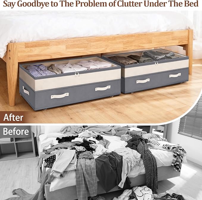Dolicer 2 Pack Under Bed Storage with Wheels, 6in-10in Height Adjustable Underbed Storage Containers, 92L XXXL Under Bed Drawers Rolling Bin with Clear Lids for Dorm Shoes Clothes Organizer(Dark Grey)