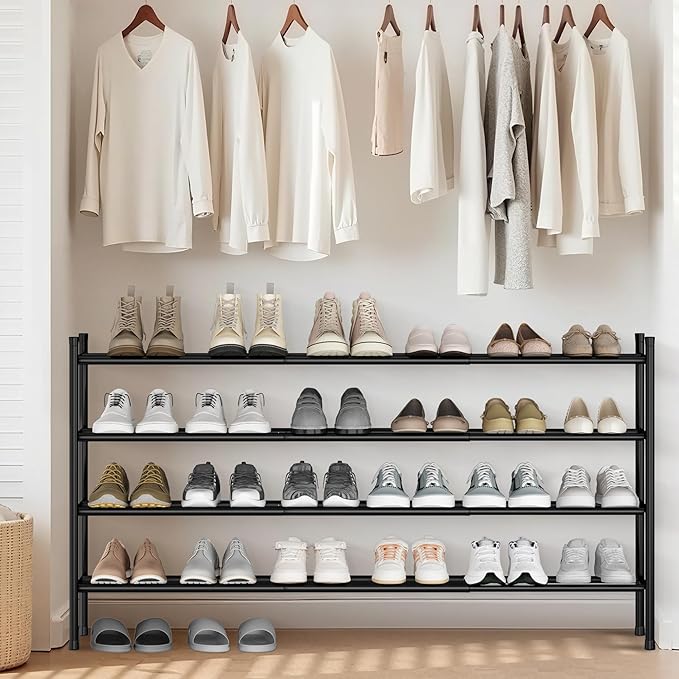 STORAGE MANIAC Long Expandable Shoe Rack, 24 Pairs Metal Wide Stackable Shoe Rack, Adjustable Shoes Shelf, Freestanding Shoes Organizer for Closet, Entryway, Hallway, Garage, Front Door, 4 Tiers