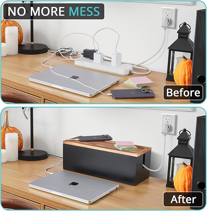 Large Cable Management Box, Wooden Cord Organizer Box for Desk, Floor, Black