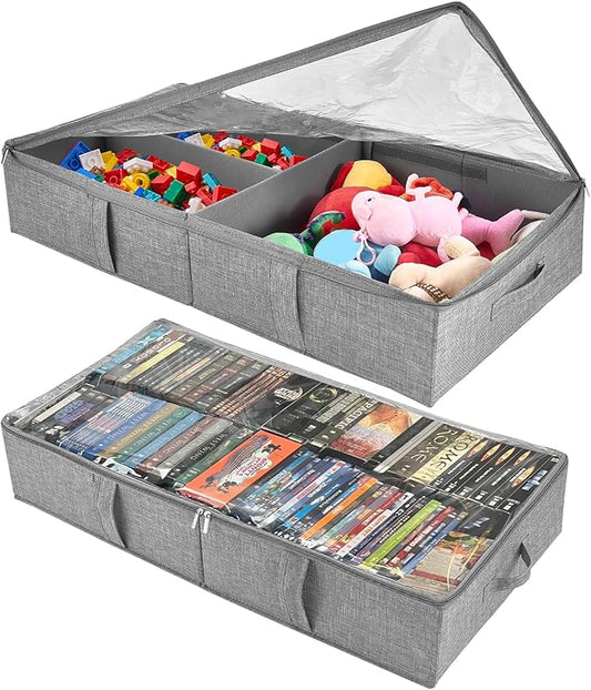 2-Pack Under Bed Toy Storage Boxes, Grey Toy Organizer with Clear PVC Lid