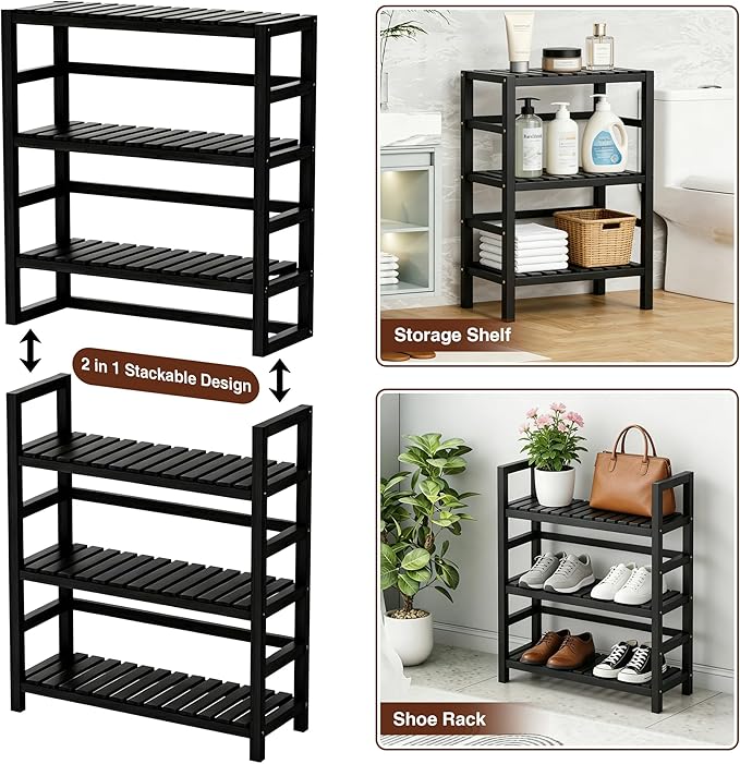 VASMIA 6-Tier Bamboo Shelf,Bamboo Storage Shelving Unit,Tall Bookcase with Adjustable Shelves,Multipurpose Storage Display Shelf for Bathroom, Living Room, Balcony, Kitchen,Black