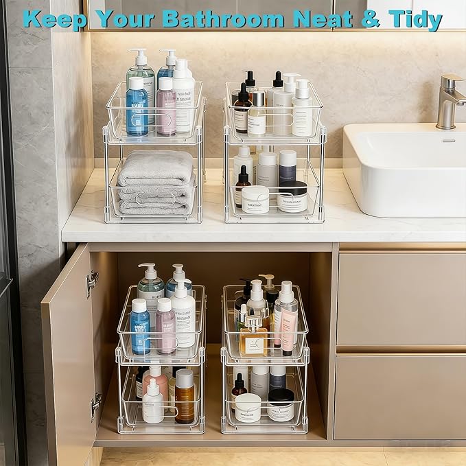 2 Tier Under Sink Organizer Bathroom Organizers and Storage, Clear Stackable Bathroom Cabinet Organizer, Multipurpose Pull-Out Home Organizer for Kitchen and Pantry Storage 4 Pack