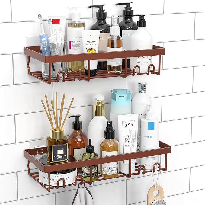 Moforoco Shower Caddy Shelf Organizer Rack, Self Adhesive Black Bathroom Shelves Basket, Home Farmhouse Wall Inside Organization and Storage Decor Rv Accessories, First Camper Apartment Essentials