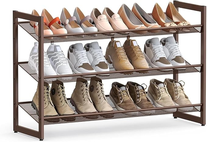 HOME 3-Tier Stackable Shoe Rack, Metal Shoe Organizer for Closet, Entryway