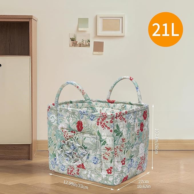 Quilted Fabric Storage Baskets with Handles, Boho Floral Gift Basket Foldable Organizer Bin for Home Decor, Picnic, Travel 12''x10''x10'' (Ivory)