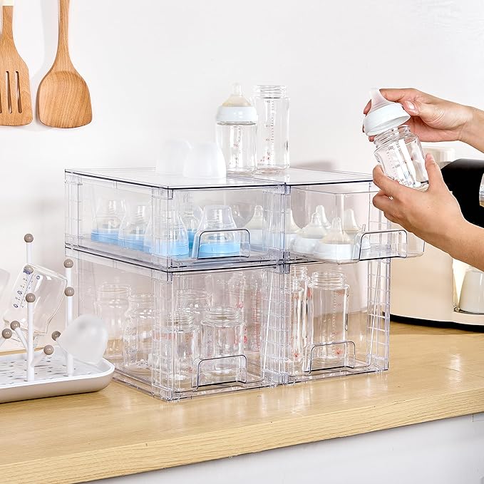Vtopmart 6 Pack Clear Stackable Storage Drawers,Easy to Assemble Bathroom Organizers and Storage with handles,Plastic Drawers for Kitchen Pantry,Cabinet,Under Sink Organization