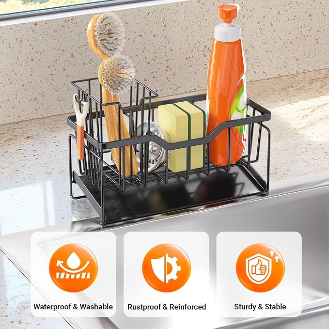 Kitchen Sink Caddy Organizer, Rustproof Sponge Holder for Kitchen Sink, Black