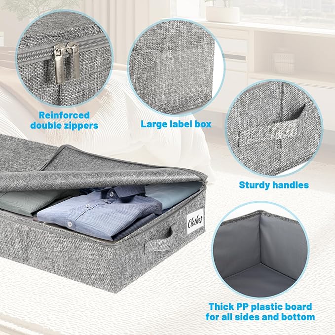 Under Bed Storage Container Bins 4 Pack, 4 Inch Thin Low Profile Underbed Clothes Storage Organizer for Dorm & Home, Use for Blanket and Toy Storage Box W/ Sturdy Bottom/Sides, Foldable Thick Fabric