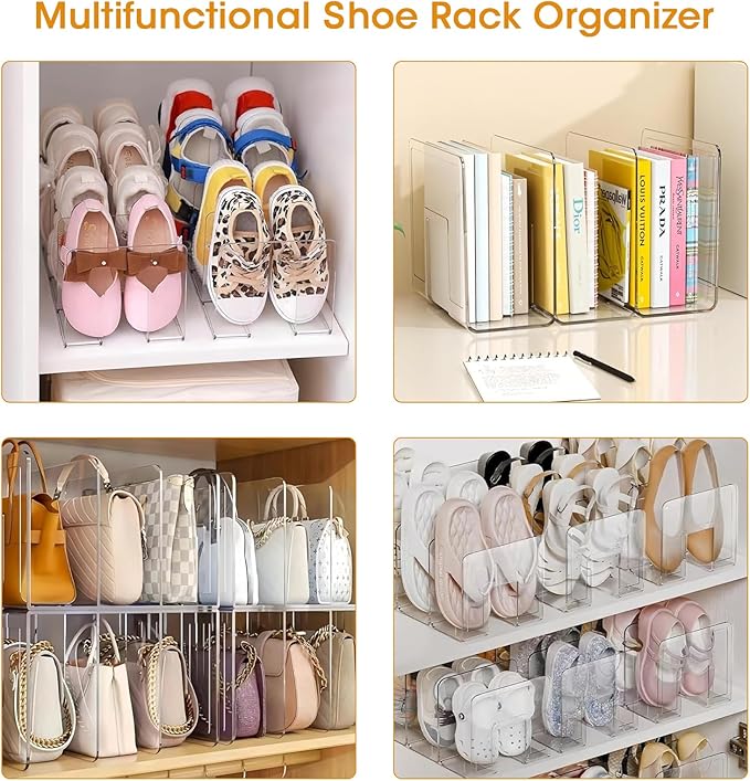 Kids Shoe Organizer Stackable: Clear Acrylic Baby Shoe Rack with Dividers - Closet Storage for Toddlers & Nursery Use (4 Pack)