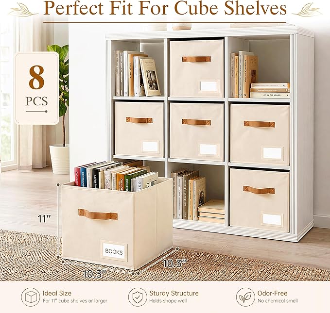 Storage Cubes 8 Pack, 11 Inch Fabric Storage Cubes Organizer Bins with Labels, Odor-Free & Sturdy PP Structure, Cubby Baskets for Closet, Shelves, Toys & Nursery (Beige)