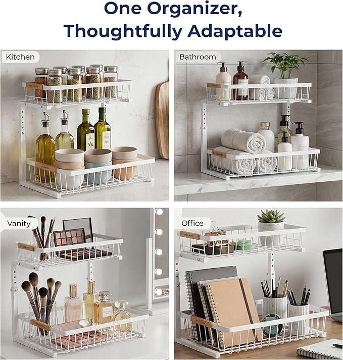 Under Sink Organizer with Motion-Activated LED Lights, 2 Pack, 2 Tier Sliding L-Shaped Carbon Steel Rack with Adjustable Height, Dividers & Hooks (White)