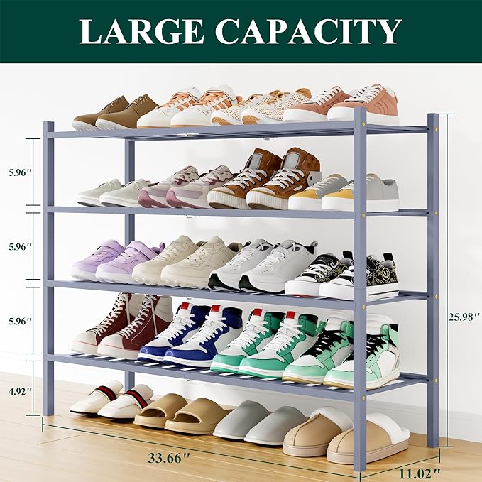 Smiry Long Bamboo Shoe Rack, 4 Tier Free Standing Wooden Shoe Organizer, Stackable Wood Shoe Storage Shelf for Closet, Entryway, 12 Vertical Slats, 2+2 Stack Standard Legs, 33.7"x11"x26", Grey