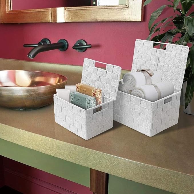 Sorbus Set of 3 Hand-Woven Storage Baskets with Lids – Decorative Wicker Organizers for Home, Closet, or Shelves (White)