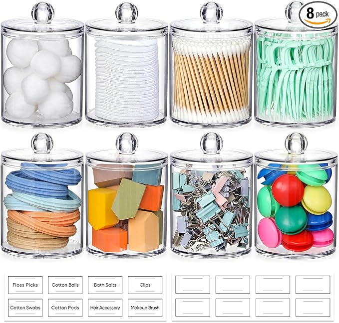 8 Pack Acrylic Qtip Holder Dispenser with Lids & Labels, Cotton Swab, Ball