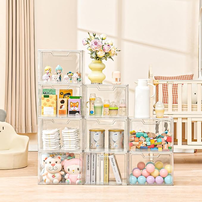 3 Pack Clear Storage Organizers with Lids, Storage Containers with Magnetic Door, Stackable Acrylic Display Case for Cosmetic, Multifunctional Storage Boxes for Dorm, Living Room, Bedroom Storage