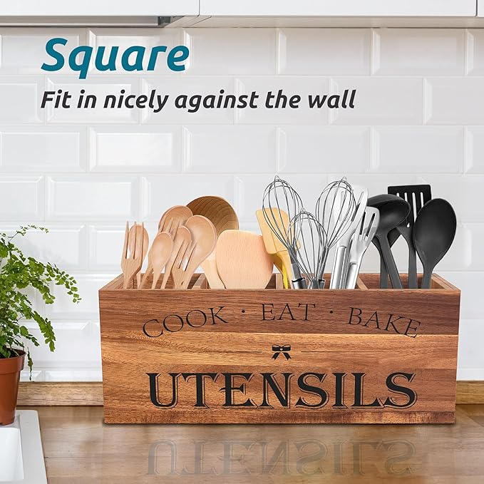 Suli Acacia Wood Utensil Holder for Kitchen Counter,Extra Large Utensils Holder with 4 Compartments,Caddy Organizer for Countertop, Farmhouse Kitchen Decor, Rustic Cooking Utensil-Acacia Brown