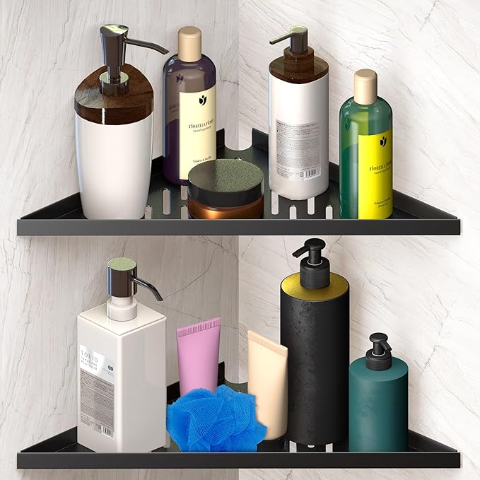 Corner Caddy Bathroom Shower Shelf - Adhesive / Drill / No Drill Shelves - 14" Strong Corner Black Floating Shower Shelves - Triangle Shelf Bathroom Shower for Inside Shower, Tiled Wall, Caddies