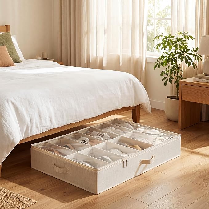 StorageWorks Underbed Shoe Storage Organizer for Closet, 2-Pack Fabric Under Bed Shoe Organizer with Adjustable Dividers, Fits up to 24 Pairs, Beige(Natural Texture)