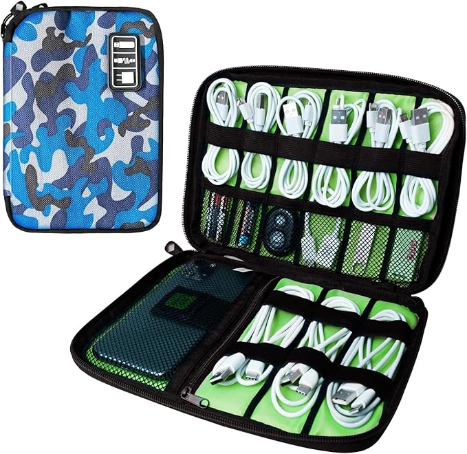 Lcsmaokin Electronics Travel Organizer,Portable Waterproof Electronic Travel Storage Bag for Small Charging Cord Storage,Charger,SD Card etc,for Travel,Business-Blue Camouflage