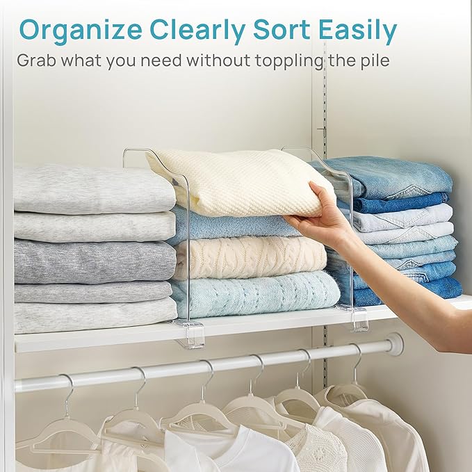 Vtopmart 4 Pack 12in Height Shelf Dividers for Closet Organization, Clear Plastic Closet Shelf Dividers of Upgrade 12in for Maximizing Vertical Space Storage, Organizing Sweater, Jeans, Shirts, Bags