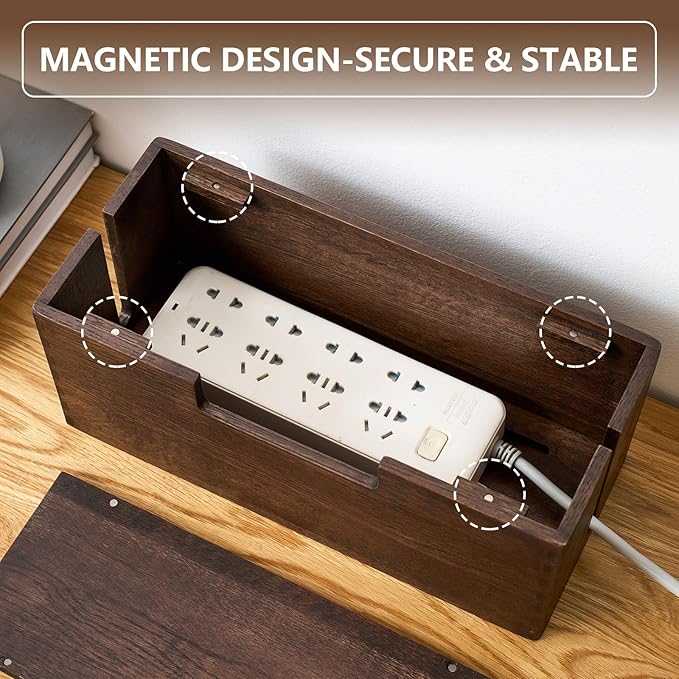 Oak Wood Cable Management Box - Large Cord Hider & Organizer with Magnetic Lid for Desk & Floor Cables in Home Office, Living Room, Bedroom (Walnut)