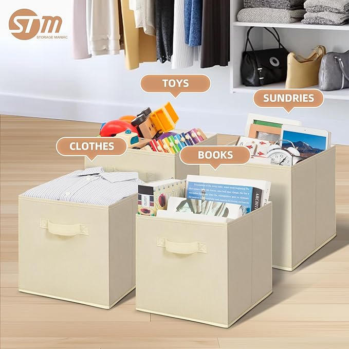 STORAGE MANIAC Storage Cubes, 11 Inch Collapsible Storage Bins with Handles, 6 Pack Fabric Foldable Bins for Organization, Durable Storage Bins for Closet, Shelves, Offices, Toys, Beige