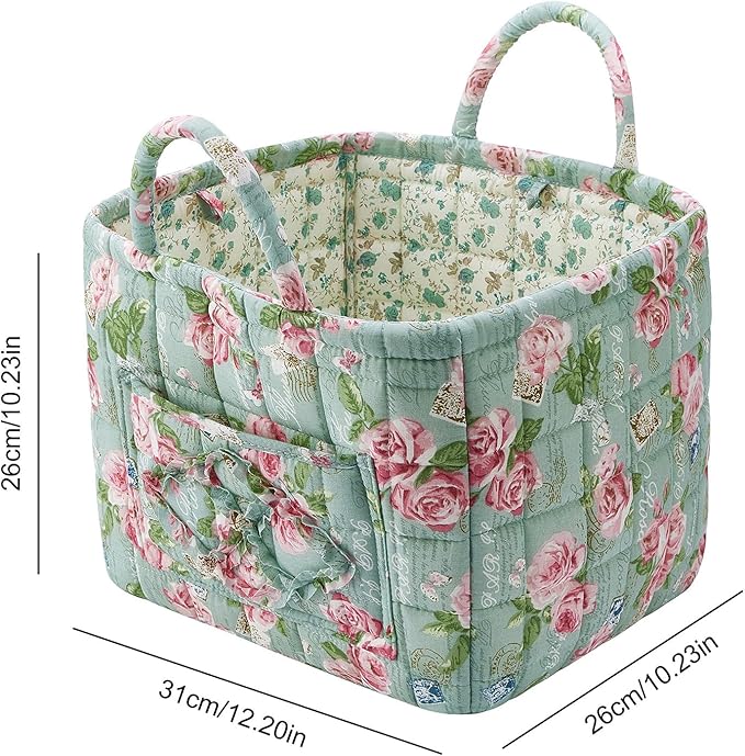 Fabric Baskets for Storage, Quilted Boho Floral Basket with Handles, White