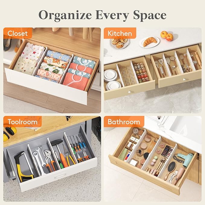 Lifewit 6 Pack 5" High Drawer Dividers for Clothes, 11.5"-18.5" Expandable Dresser Drawer Organizers, Adjustable White Plastic Separators for Kitchen, Cabinet, Nursery, Socks & Underwear Storage