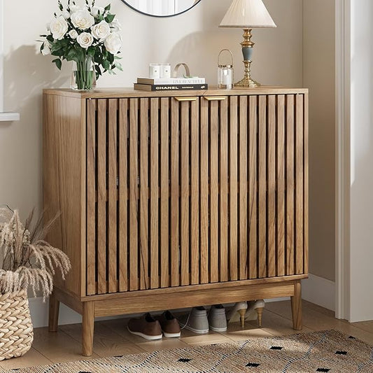 Kiasthome Shoe Storage Cabinet with Ventilated Slatted Doors, Wooden Shoe Organizer, Shoes Rack for Entryway, Hallway, Living Room