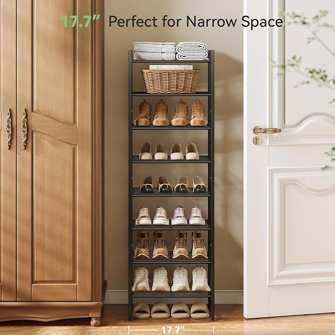 Nunsino Narrow Shoe Rack, 8-Tier Metal Shoe Organizer,Tall Shoe Shelf with Anti-Tip Strap, Max Holds 18 Pairs,Space Saving for Closet,Entryway,Black