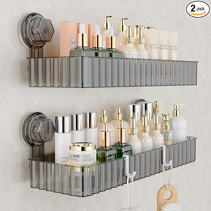 Adhesive Shower Caddy Suction Cup Shower Shelves for Inside Shower No Drilling Bathroom Organizers and Storage Wall Shelf Rack Clear（black,square