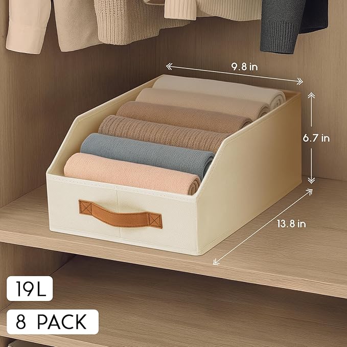 Homsorout Fabric Storage Bins for Organizing - 8 Pack Large Trapezoid Collapsible Storage Bins with Front Handle, Closet Organizers and Storage for Bedroom, Home Shelves, Small Spaces, Beige