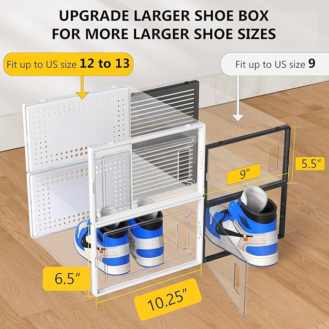 12 Pack XXX-Large Clear Shoe Storage Boxes, Stackable Modular Plastic Shoe Organizer Front-Opening Door, Fit up to US Size 9 to13, Ventilated Dust-Proof Sneaker Display Case Closet, Entryway, White