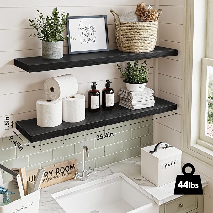 Fixwal Floating Shelves for Wall, 35" Long Heavy Duty Wall Mounted Rustic Wood Shelves for Living Room, Bedroom, Bathroom and Kitchen, Wall Shelves for Storage, Books, Room Decor (Black, Set of 2)