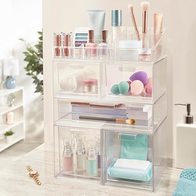 Audrey Clear Vanity Makeup Organizer, 15-Compartment Holder for Brushes