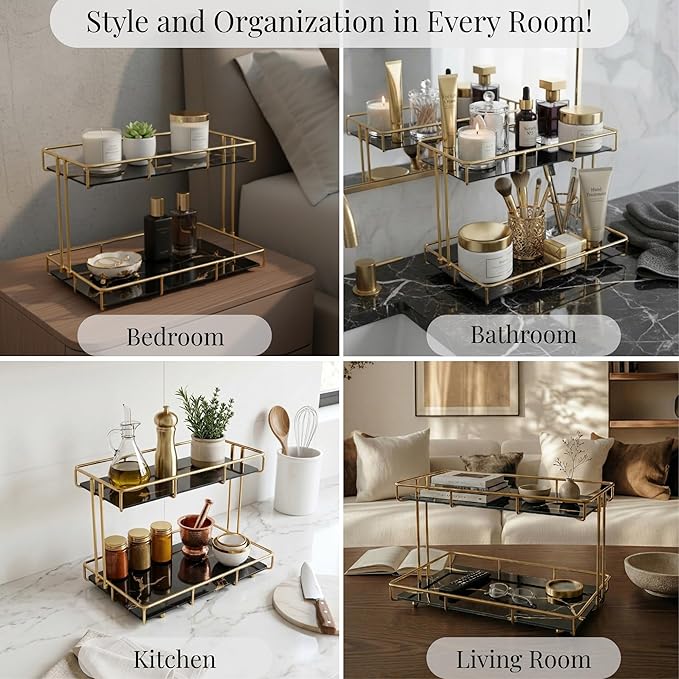 2-Tier Black Marble Bathroom Countertop Organizer – Glass Shelves & Gold Metal Frame, Stylish Vanity Storage Shelf for Perfume, Skincare, Makeup & Toiletries