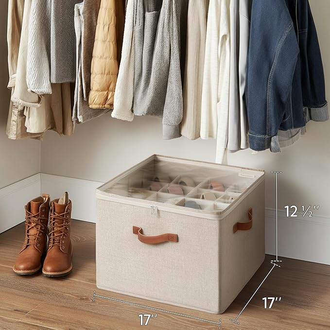 StorageWorks Shoe Organizer for Closet, Shoe Cubby Storage Containers with Adjustable Dividers and Clear Cover, Foldable Shoe Storage Box for Sandals, Sneakers, Fits up to 16 Pairs, Taupe | Fits up to 16 Pairs