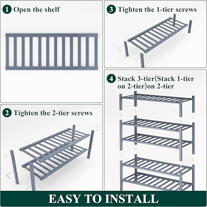 Smiry Bamboo Shoe Rack, 5 Tier Free Standing Wooden Shoe Organizer, Stackable Wood Shoe Storage Shelf for Closet, Entryway, 12 Vertical Slats, 2+2+1 Stack Standard Legs, 26.8"x11"x32.5", Grey