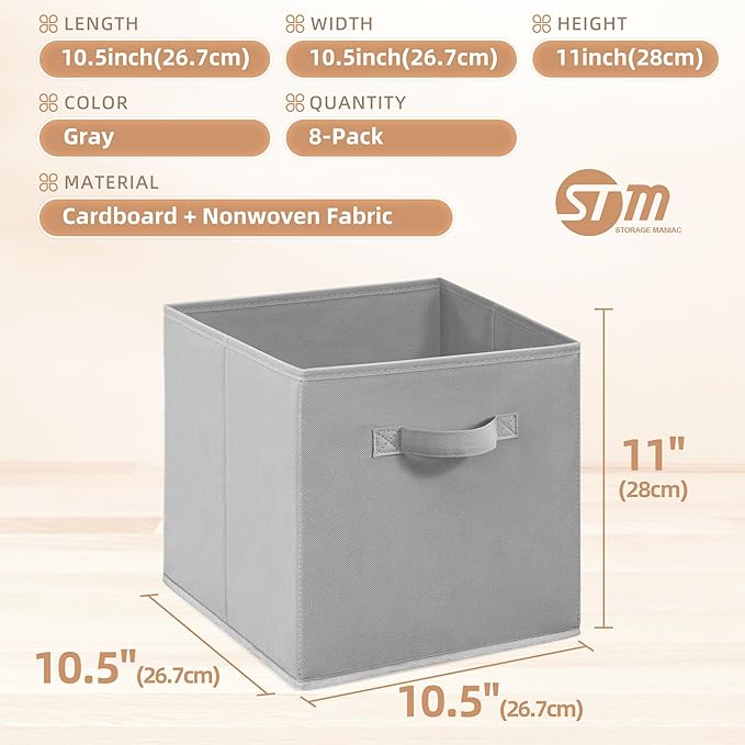 STORAGE MANIAC Storage Cubes, 11 Inch Collapsible Storage Bins with Handles, 8 Pack Fabric Foldable Bins for Organization, Durable Storage Bins for Closet, Shelves, Offices, Toys, 8-Pack Grey