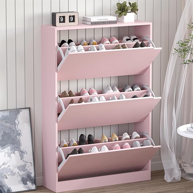 Shoe Cabinet with 3 Flip Drawers, Hidden Wood Shoe Cabinet, Pink