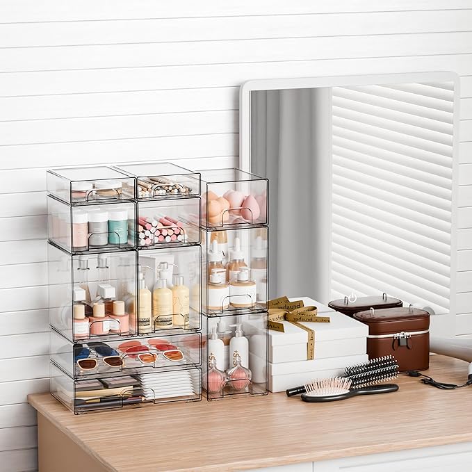 Yieach 7.5"H Stackable Storage Drawers,4 Pack Clear Acrylic Drawer Organizer for Vanity,Under Sink,Cabinet and Bathroom Closet Organizer,Bottle Station and Baby Bottle Storage Organizer for Countertop