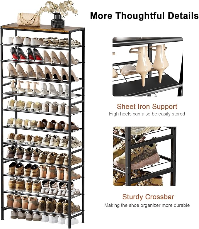 12-Tier Tall Shoe Rack Organizer Shoe Storage for Entryway 40-48 Pairs Metal Shoe Rack for Closet Heavy-Duty Shoe Rack with Wooden Top Shelf for Garage Rustic Brown