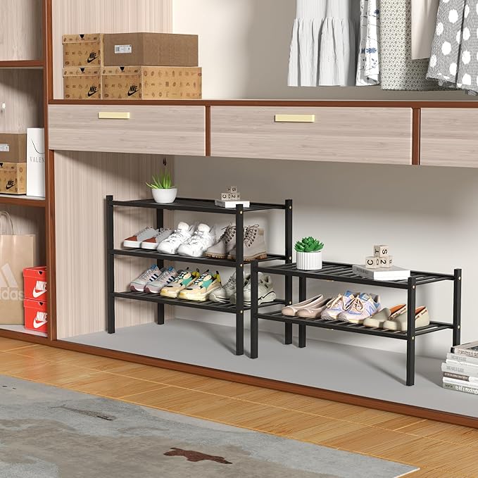 CRAFT 2 Tier Bamboo Shoe Rack for Closet Free Standing Wood Shoe Shelf, Black