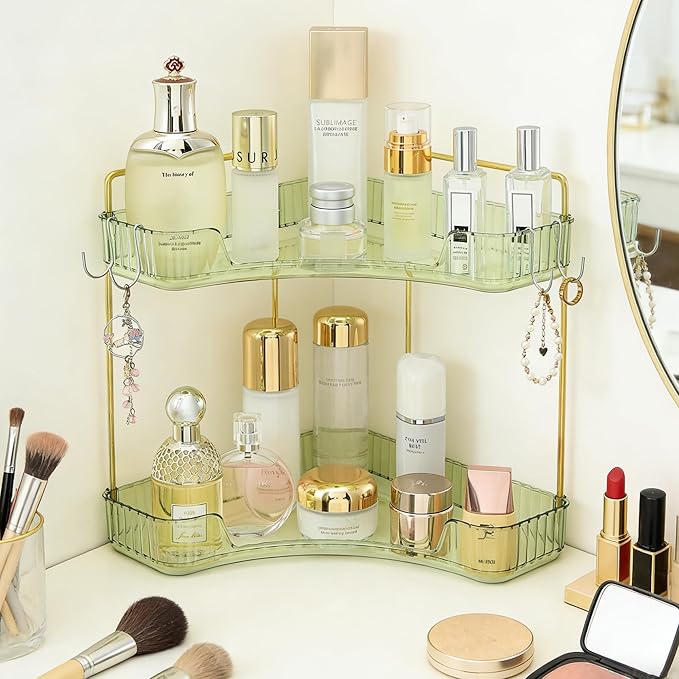 2-Tier Corner Bathroom Organizer Countertop with Hooks, Green Gold