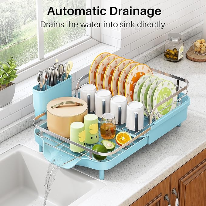 Dish Drying Rack, Expandable Dish Rack for Kitchen Counter, Blue