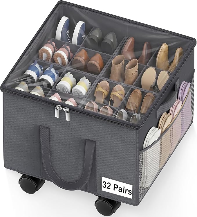 Large Shoe Organizer for Closet, Adjustable Dividers Shoe Storage Box Bins with Wheels Clear Cover Reinforced Handle Side Pocket Fits up to 16 Pairs, Foldable Shoe Organizer for Entryway Grey