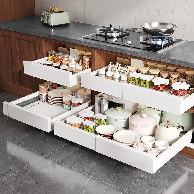 Seinloes Pull Out Cabinet Organizer,4-Side Expandable to Maximize Cabinet Space,Slide Out Drawers with 3 Rail Design,Roll Out Shelf with Raising Pad for Framed Cabinet,15"-25"W x 17"-24"D,White,2 Pack
